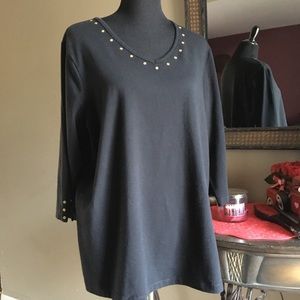 DENIM & CO BLACK COTTON 3/4 SLV TUNIC W/GOLD STUDS